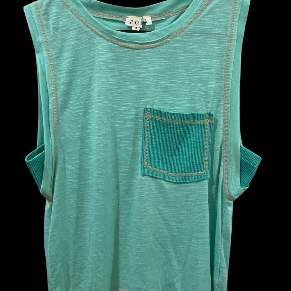 POL Stitch-back Slub & Ribbed Pocket Muscle Tank Aqua Size Small - Picture 4 of 8